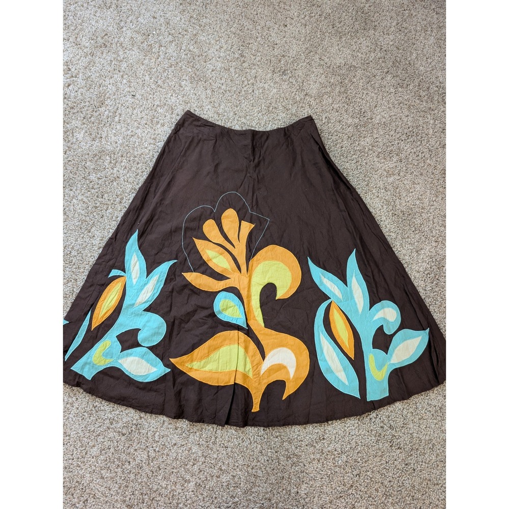 Ideology Womens Brown Cotton A-Line Midi Skirt Floral Applique Size 8